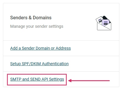 SMTP and Send API Settings link in the Senders & Domains section of Mailjet.