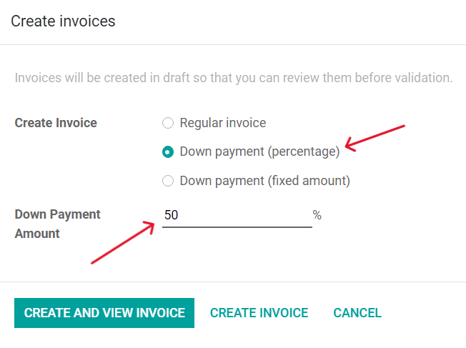Create invoices pop up window in Odoo Sales.