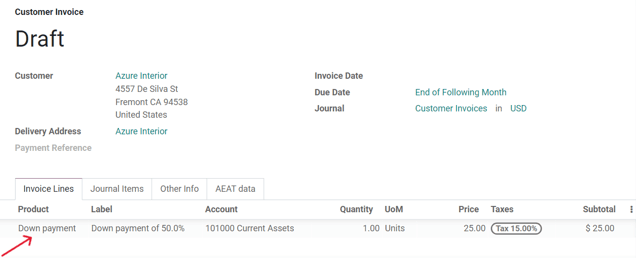 A sample draft invoice with down payment mentioned in Odoo Sales.