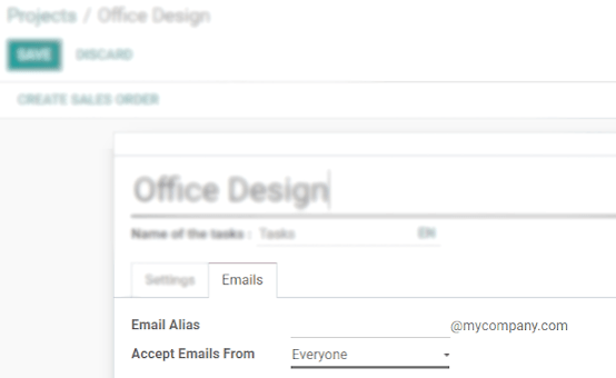 In the settings of your project, define the emails alias under the tab email in Odoo Project