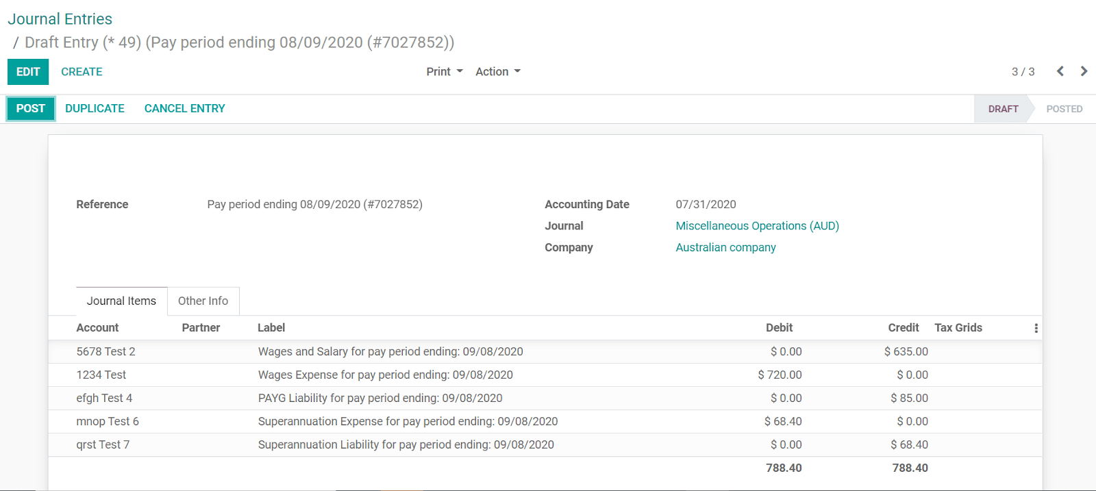 Example of a Employment Hero Journal Entry in Odoo Accounting (Australia)