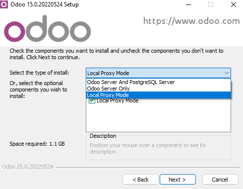 安装Odoo社区应用程序时选择“本地代理模式”。