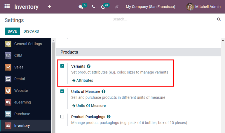 Selecting "Variants" from Inventory app settings.