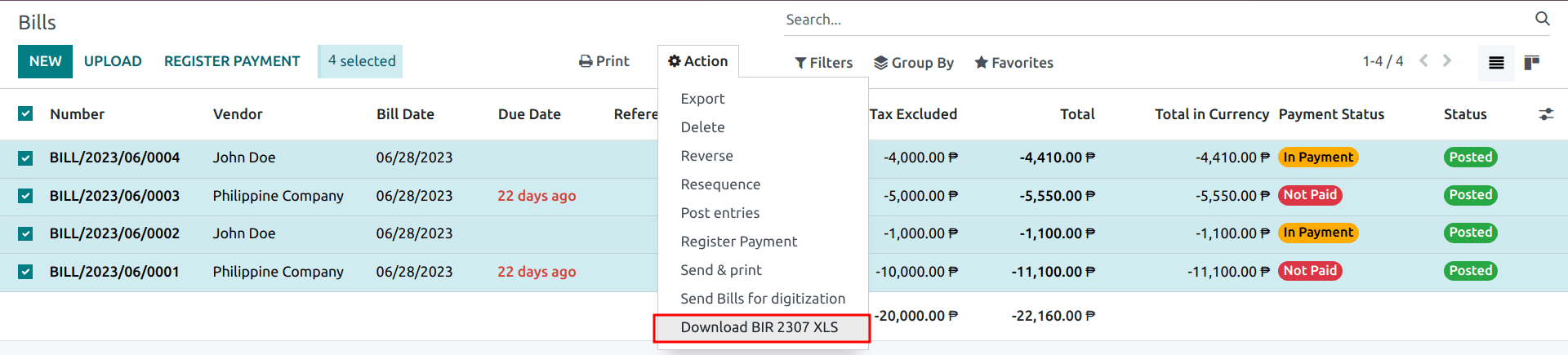 Multiple vendor bills selected with action to "Download BIR 2307 XLS".