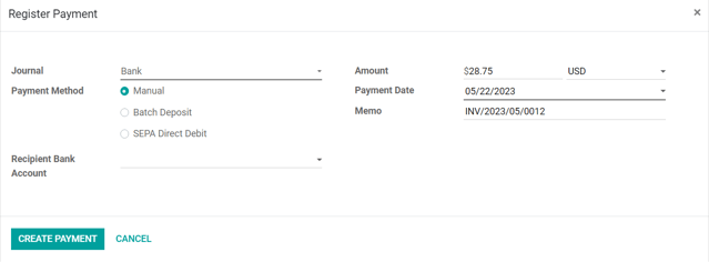 How the register payment pop up looks in Odoo Sales.