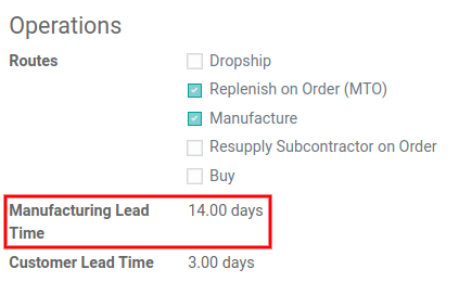 View of the manufacturing lead time configuration from the product form