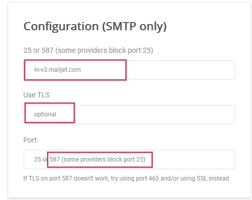 SMTP configuration from Mailjet.